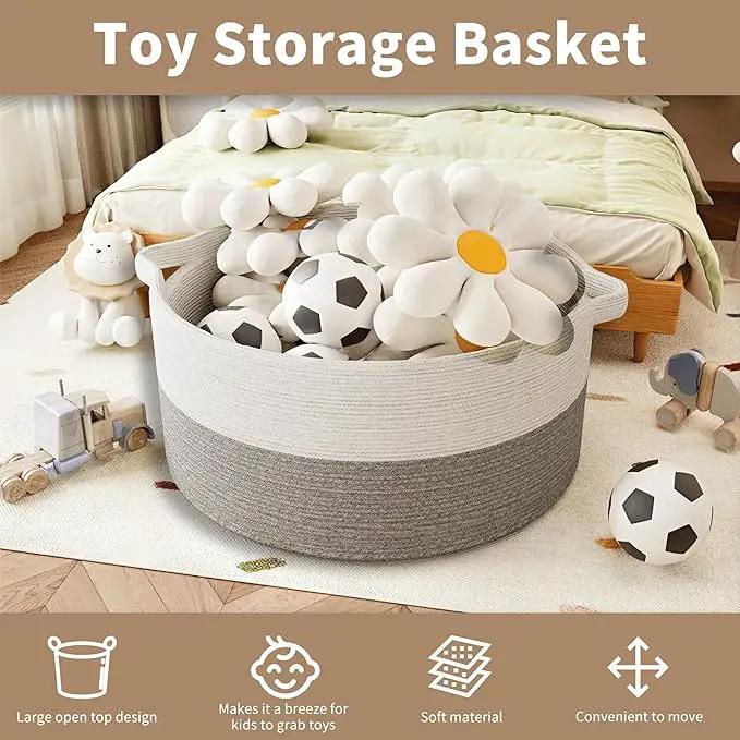 125L Extra Large Blanket Basket, 25" x 16", Jumbo Laundry Woven Basket Decorative Home, Cotton Rope Basket with Handles, Baby Toy Basket for Storage, White & Gray, 2PC by GreenHaven Gardens