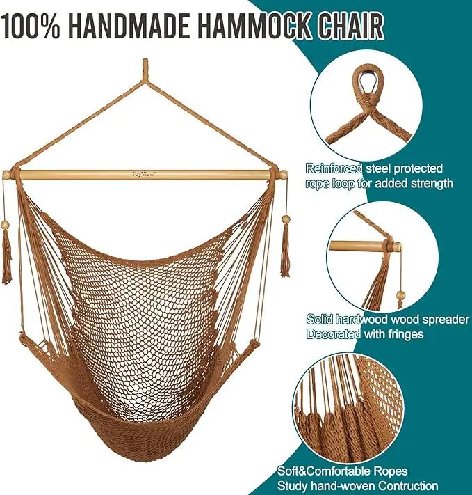 JoyView Hammock Chair with Spreader Bar Caribbean Hammock Swing Chair 300 LBS Weight Capacity XL Rope Hanging Chair for Outdoor Indoor Garden Yard - Brown by GreenHaven Gardens