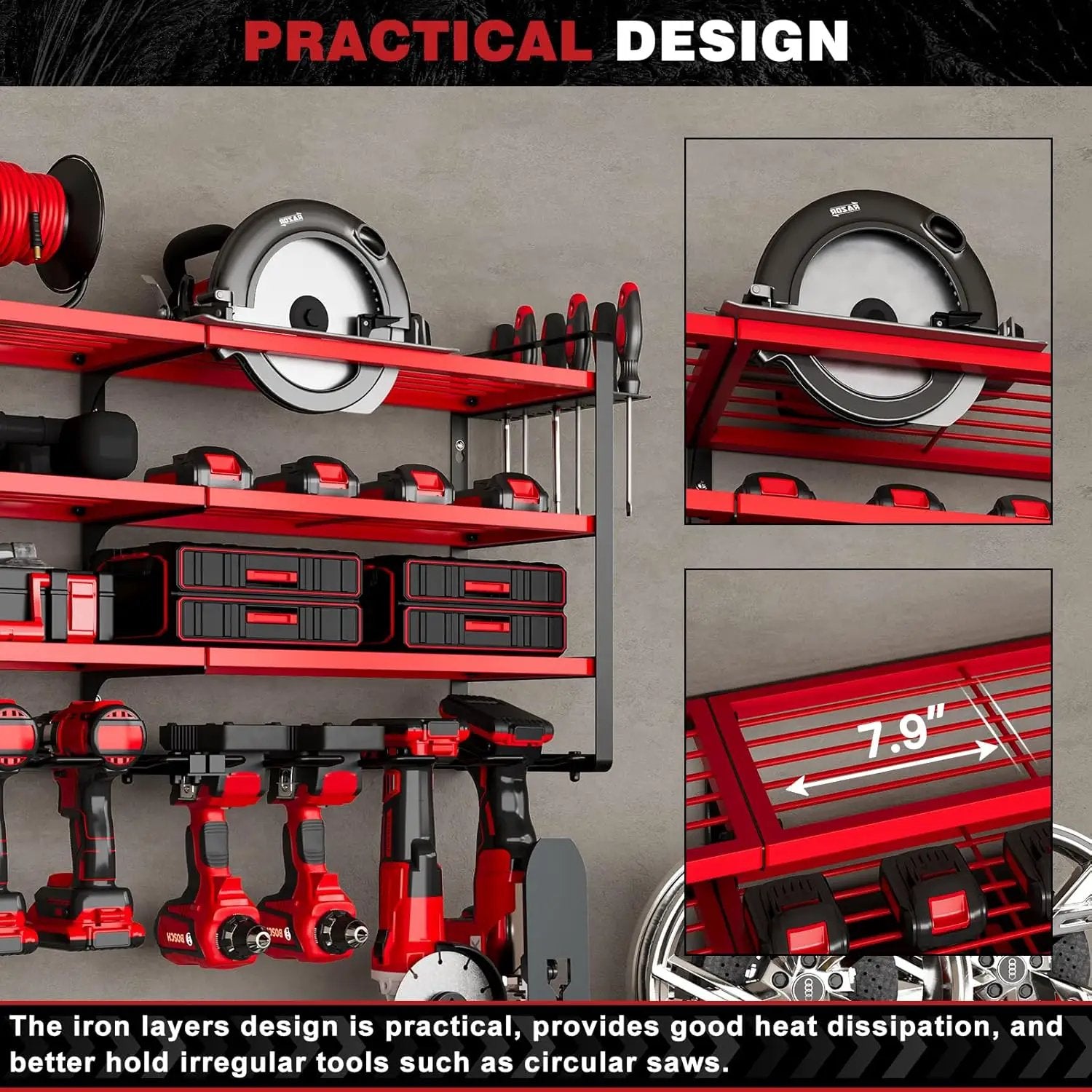 48" Large Power Tools Organizer Wall Mount,12 Drill Holder for Garage, Workshop Heavy Duty Storage Rack (Red) by GreenHaven Gardens