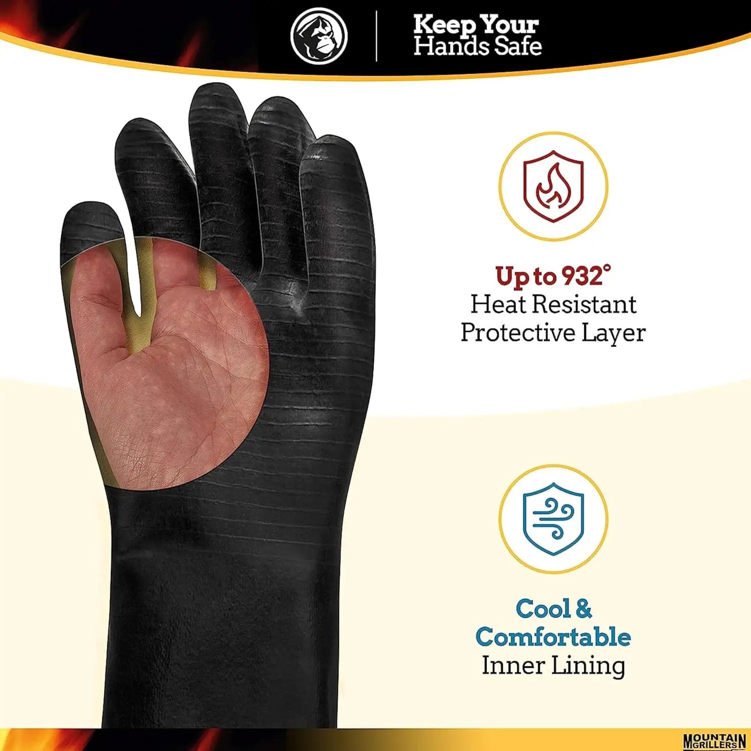 Mountain Grillers Extreme Heat Resistant Gloves for Grill BBQ High Temperature Fire Pit Gloves Barbecue Cooking, Smoker, Oven, Fryer, Grilling Waterproof, Fireproof Oil Resistant Neoprene Coating 14in by GreenHaven Gardens