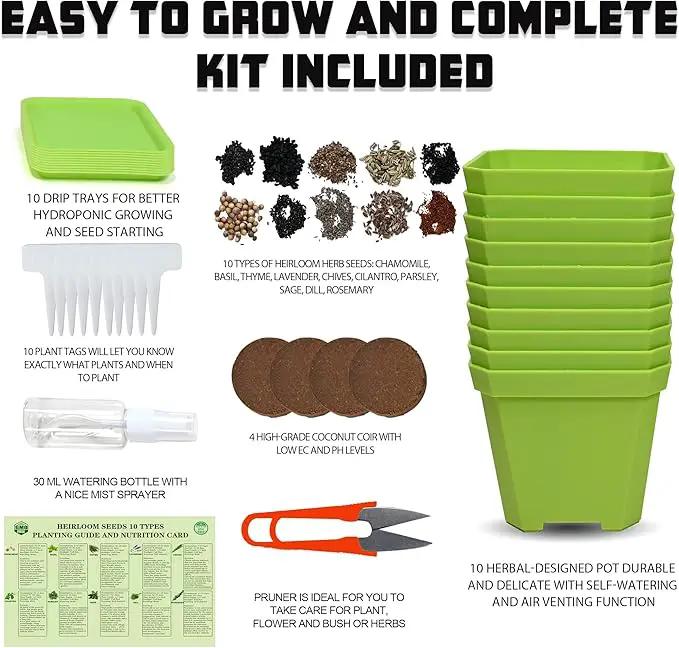 10 Herb Seeds Garden Starter Grow Kit with Green Pots, Markers, Nutritional Soil, Watering, Herb Clipper, Complete Indoor Potted Plant Growing Set for Kitchen DIY by GreenHaven Gardens