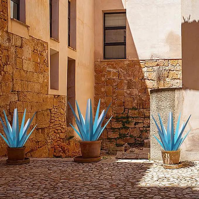 Enlarge Metal Plants Tequila Rustic Sculpture, Outdoor Patio Yard, Home Decor Hand Painted Agave Garden Statue, Outdoor Lawn Ornaments Yard Stakes for Mom Gift (1 Large Blue) by GreenHaven Gardens