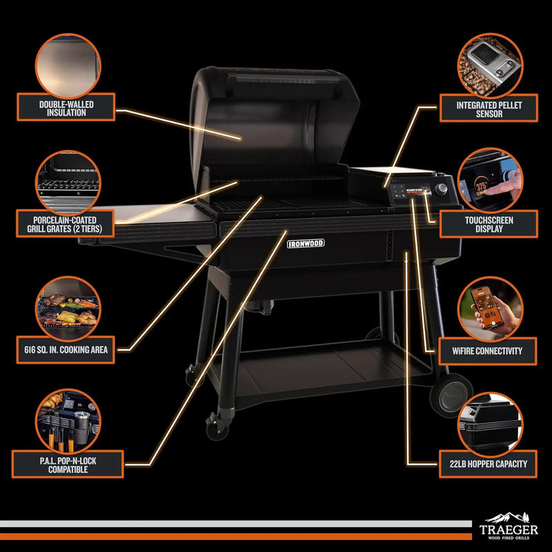 Traeger Ironwood Pellet Smoker Grill, Electric Wood Pellet Grill with WiFIRE App Control, 165F - 500F Degree Temperature Control Super Smoke Mode, 6-in-1 BBQ Smoker Grilling Combo, TFB61RLG by GreenHaven Gardens