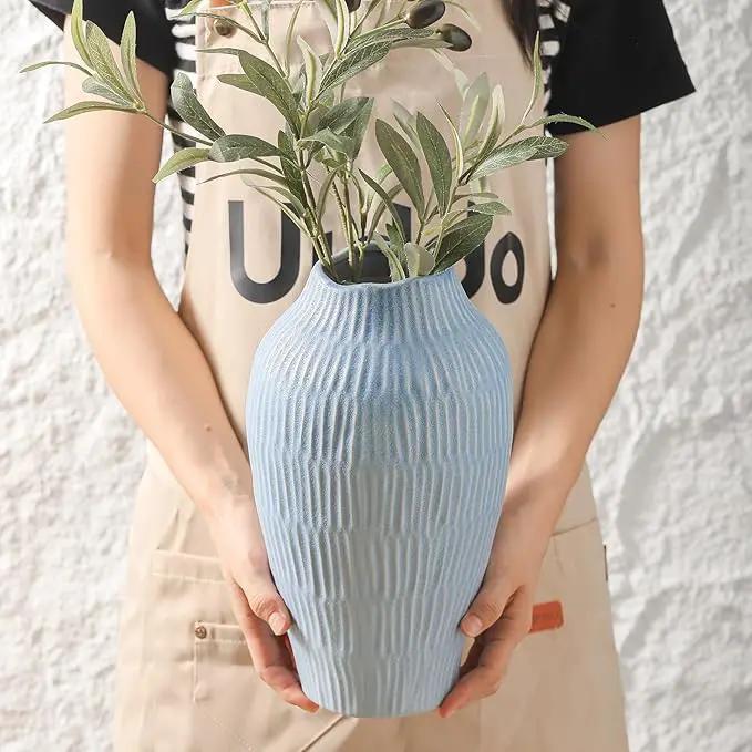 Ceramic Vase for Home Decor,11.6 Inch Flower Vases，Decorative Blue Vase for Pampas Grass，Modern Art Texture Vases for Home Entryway Living Room Dining Table Farmhouse Office Decor-Mat Blue by GreenHaven Gardens