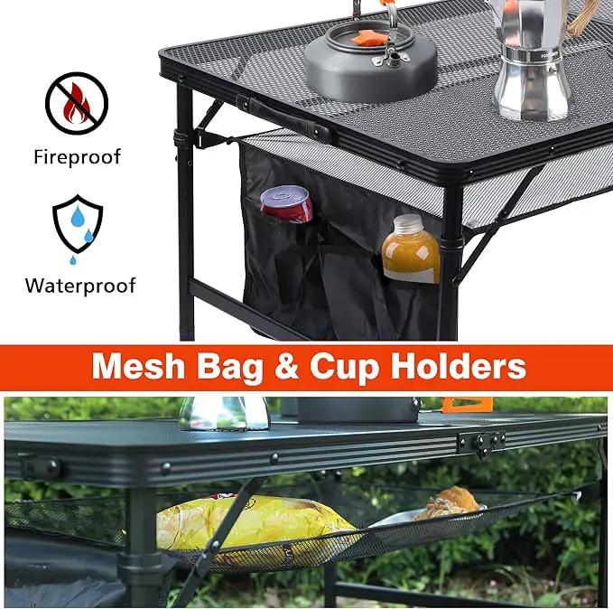 Folding Grill Table, 4x2 FT Portable Camping Table, Lightweight Height Adjustable Metal Tables with Mesh Desktop and Mesh Bag, Outdoor Tables for Camping, Picnic, Beach and BBQ, Black by GreenHaven Gardens