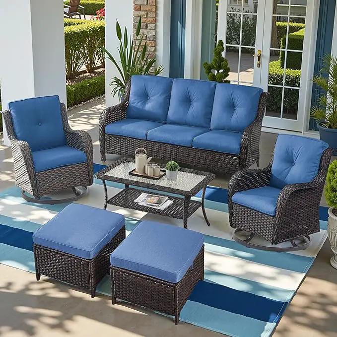 Outdoor Wicker Patio Furniture Set - 6 Piece Rattan Patio Conversation Set with 2 Rocking Swivel Chairs,2 Ottomans,1 Sofa and 1 Coffee Table for Porch Deck Backyard Garden(Brown/Blue) by GreenHaven Gardens