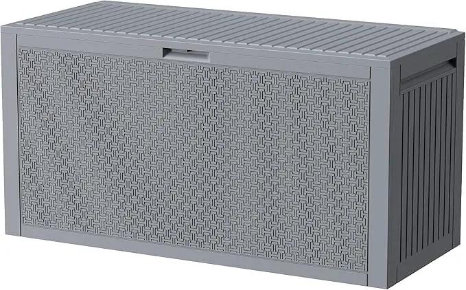 Outdoor Storage Box, 90 Gallon Deck Box, Waterproof Resin Storage Bin for Patio Cushions, Gardening Tools, Lockable, UV Resistant, Grey by GreenHaven Gardens