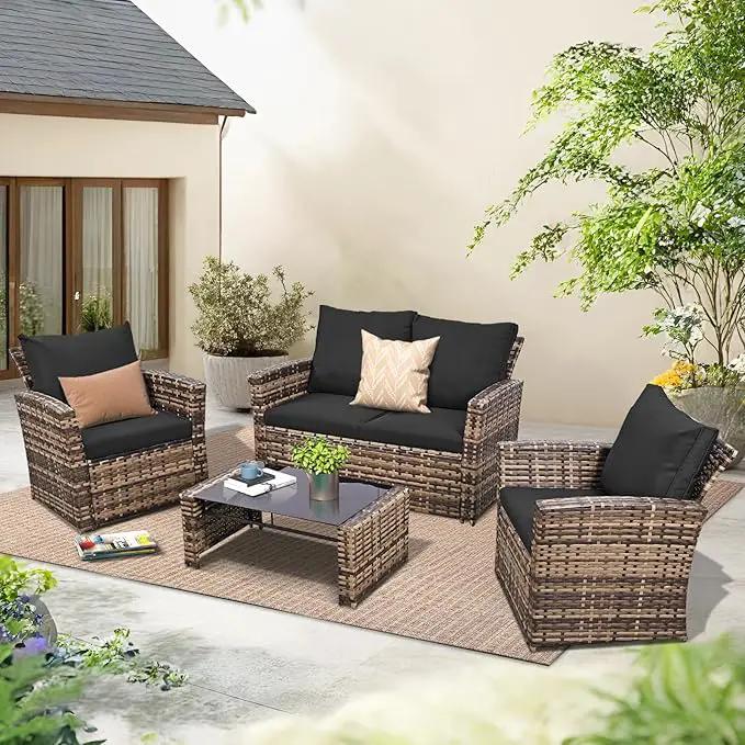 4 Piece Outdoor Patio Furniture Set,Wicker Conversation Sets Outdoor Sectional Patio Sofa Couch with Cushions & Coffee Table for Outside, Garden, Balcony, Porch,Yellow/Black by GreenHaven Gardens