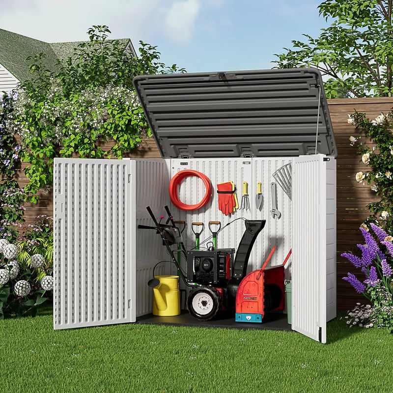 ZZM Large Outdoor Storage Shed, 48 Cu Ft Resin Versatile Storage Cabinet for Patio Accessories, Trash Cans & Garden Tools, Durable Horizontal Storage Box with Lockable Lid (White) by GreenHaven Gardens