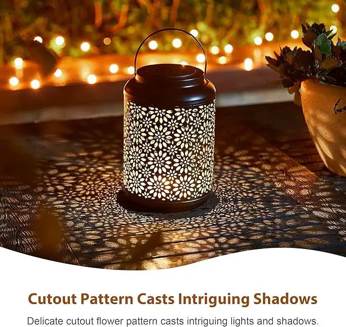 Glitzhome Solar Lantern Black Metal Cutout Flower Outdoor Hanging Solar Light with Handle for Garden Patio Yard Outdoor Decor by GreenHaven Gardens