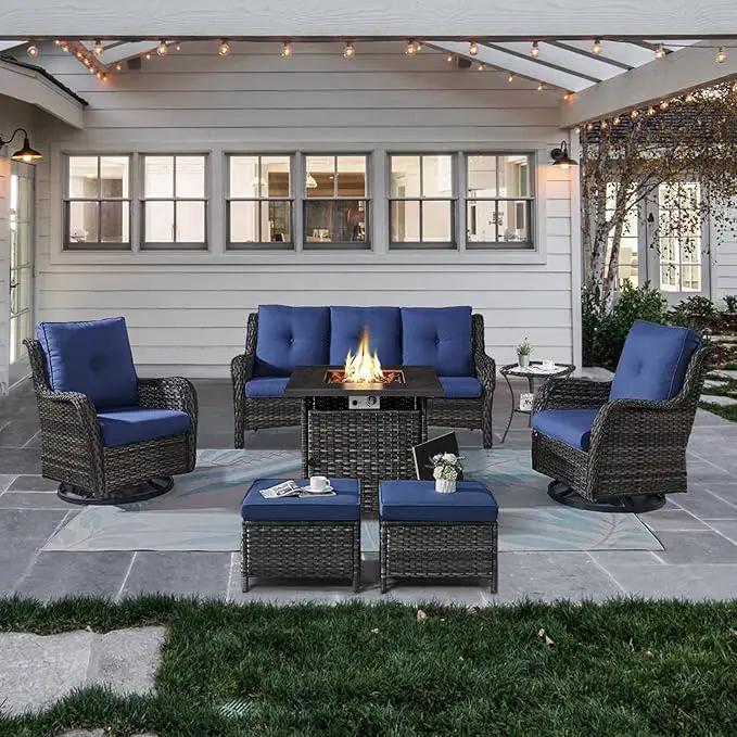 Outdoor Patio Furniture Set with Propane Fire Pit Table, 7 Pieces Wicker Patio Conversation Set with 2 Swivel Glider Rocker Chairs Rattan Sofa Blue Cushion Perfect for Casual Gathering Gray by GreenHaven Gardens