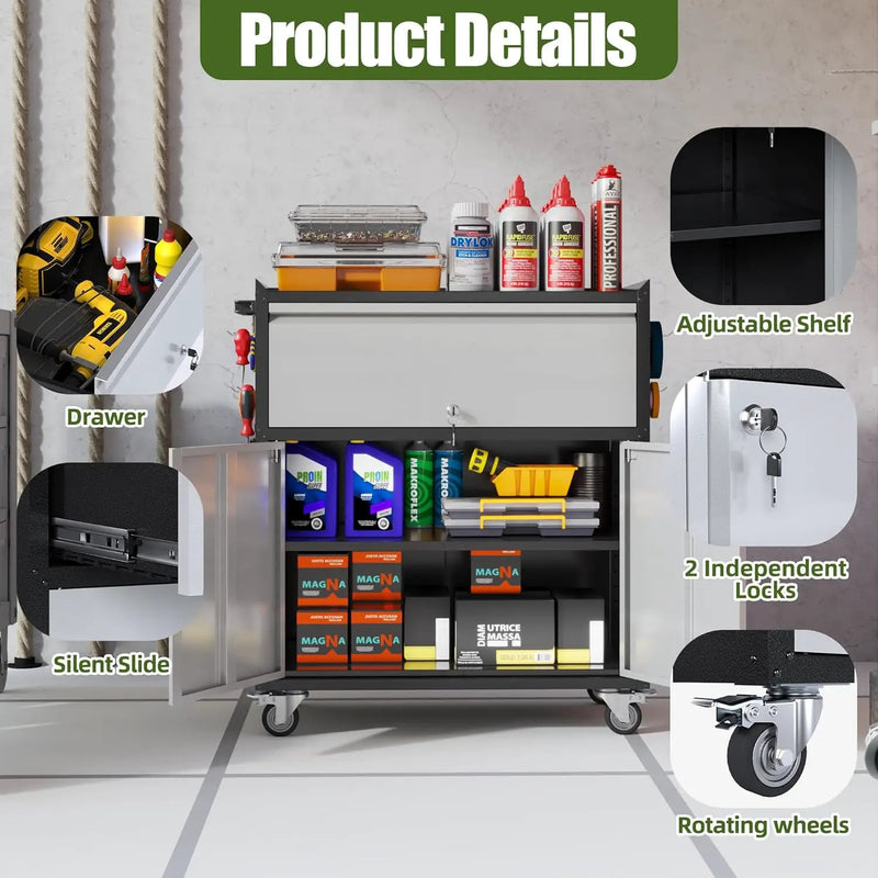 Metal Storage Cabinet on Wheels with 1 Drawer, Rolling Steel Garage Tools Cabinet with Side Pegboard &4 Hooks & 1 Adjustable Shelf for Garage,Shop,Home,Gray/Black, Assembly Required