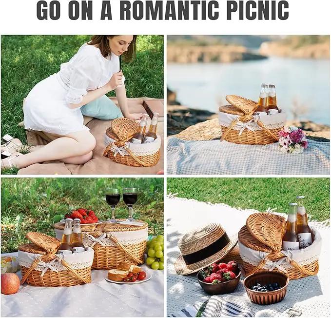 Happypicnic 12" Picnic Basket - Small Wicker Basket with Foldable Handle Lid & Removable Liner | Cute Picnic Basket Toy Empty for Kids, Gift, Halloween, Christmas, Valentines, Easter, Birthday, Solid by GreenHaven Gardens
