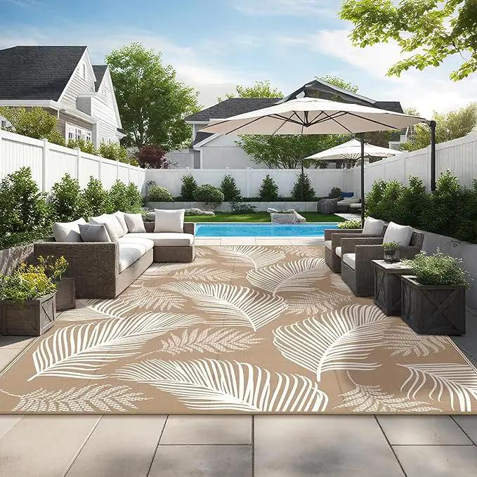 Pauwer Waterproof Outdoor Rug 9x12, Reversible Plastic Straw Patio Camping Rug, Indoor Outdoor RV Mat Carpet for Deck, Camper, Porch, Balcony, Backyard, Picnic, Leaf Brown by GreenHaven Gardens