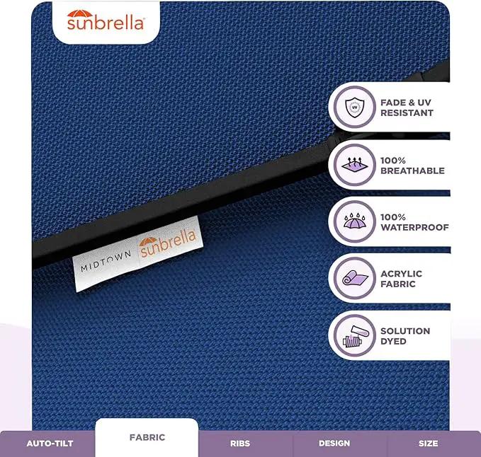 Midtown Umbrellas Sunbrella Umbrella 8 Feet Outdoor Umbrella With Sunbrella Dark Blue Acrylic Fabric - Auto-Tilt Aluminum Frame Patio Umbrella For Backyard, Deck, Garden, Pool - Black Pole by GreenHaven Gardens