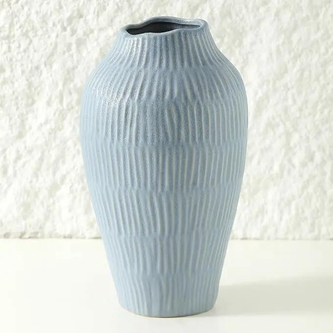 Ceramic Vase for Home Decor,11.6 Inch Flower Vases，Decorative Blue Vase for Pampas Grass，Modern Art Texture Vases for Home Entryway Living Room Dining Table Farmhouse Office Decor-Mat Blue by GreenHaven Gardens