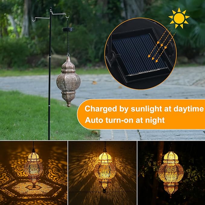 2 Pack Hanging Solar Lights, Outdoor Decor Solar Lantern, Waterproof Metal Moroccan Lantern for Outside Patio Pathway Yard Front Porch Backyard Garden Decorative by GreenHaven Gardens