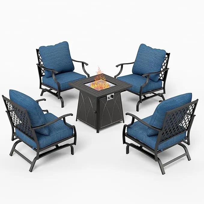 Patio Furniture Set with Fire Pit Table, 5 Pcs Metal Outdoor Conversation Set, 4 Rocking Chairs with 5.75" Extra Thick Cushion and 28" Fire Pit Table for Backyard Deck, Green Blue by GreenHaven Gardens