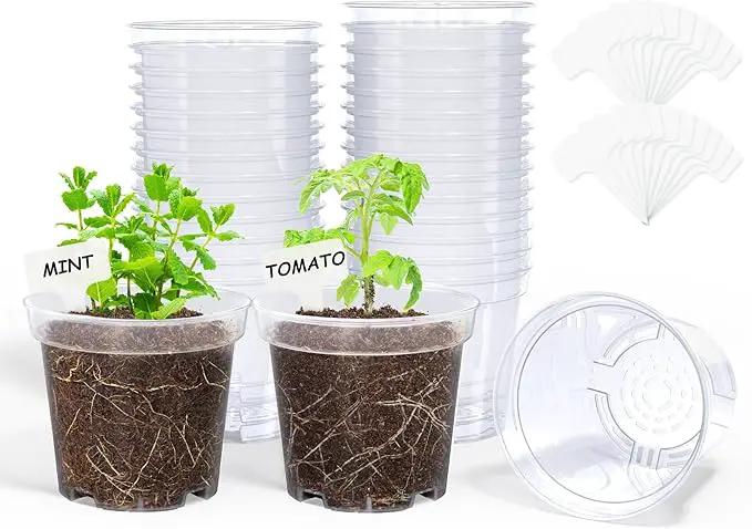 homenote Clear Nursery Pots for Plants,4 Inch Plant Pot for Planting Plastic Seedling with Drainage Holes Seed Starter Flower High Transparency with 20 Labels (30 Pack) by GreenHaven Gardens