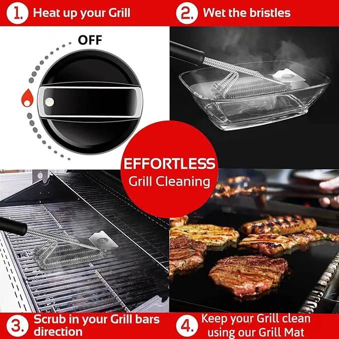 KITCHEN PERFECTION Safe Wire Grill Brush for Outdoor Grill w/Grill Scraper & Grill Mat Grill Cleaning Kit -Extended Handle BBQ Brush for Effortless Grill Cleaning Grill Cleaner Brush Barbecue Tools by GreenHaven Gardens