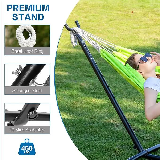 PNAEUT Double Hammocks with Stand for Outside, Portable Space Saving Heavy-Duty Steel Stand for Indoor Outdoor Patio with Carrying Bag, 450 lbs Capacity (Green) by GreenHaven Gardens