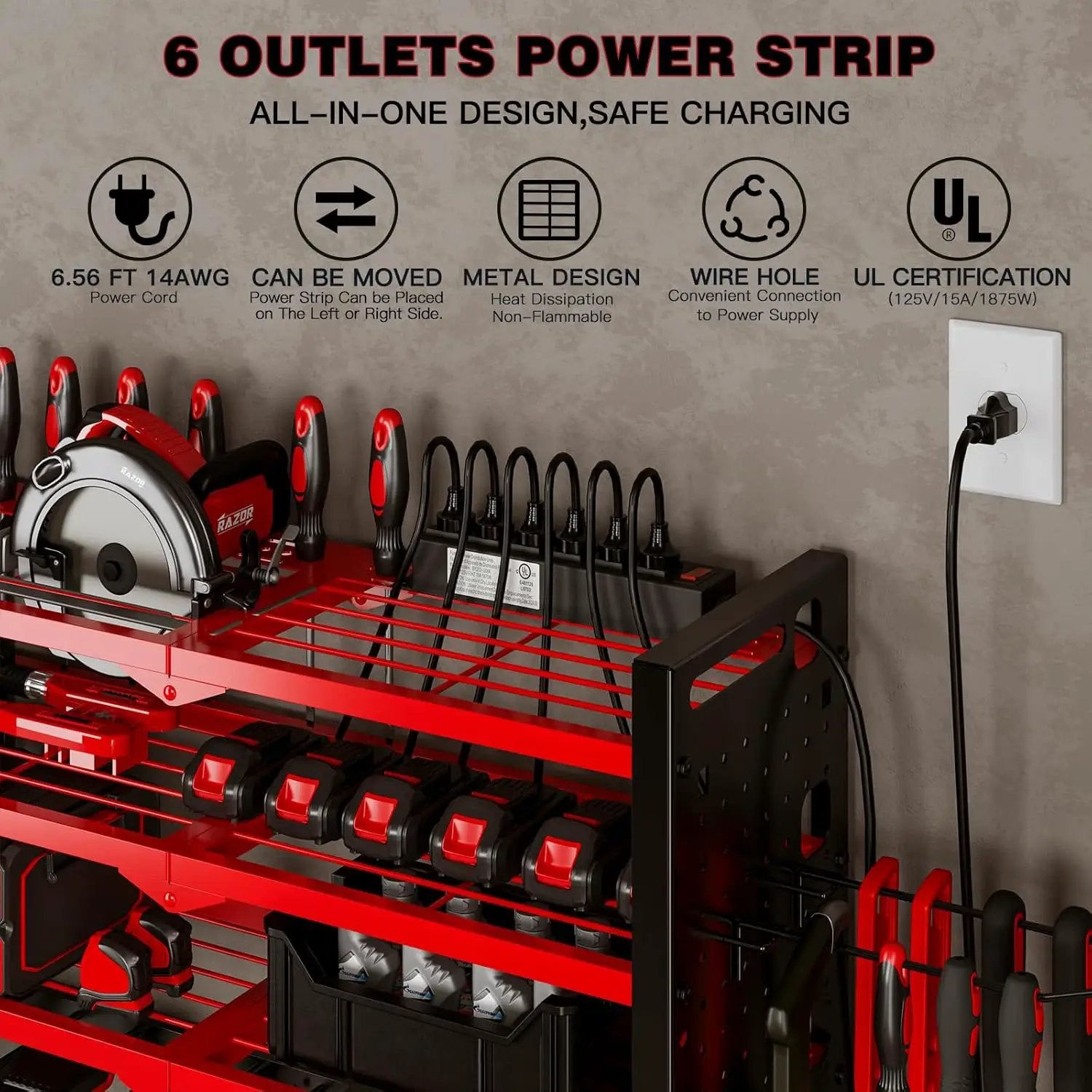 Power Tool Organizer Wall Mount with Charging Station 4 Layer 6 Slot Cordless Drill Holder with Angle Grinder Holder (Red) by GreenHaven Gardens
