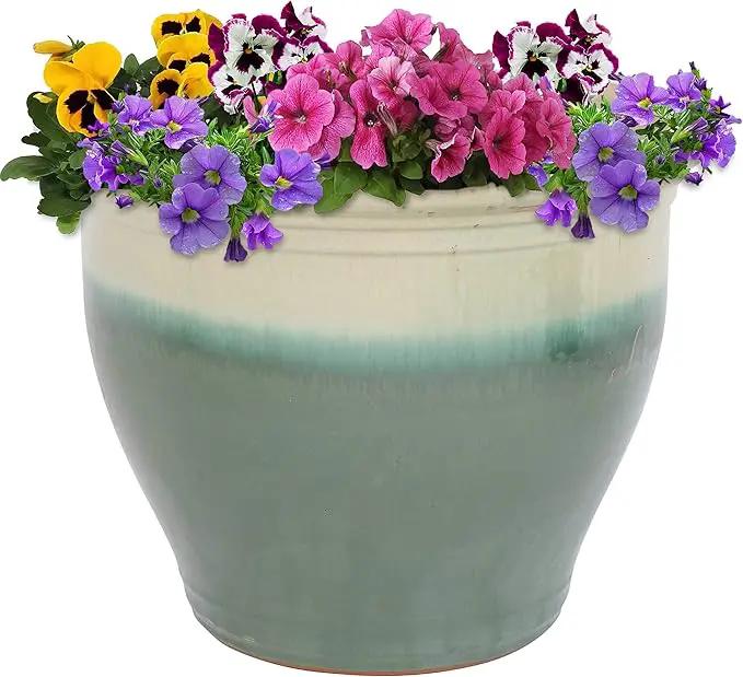 Sunnydaze Studio Large Ceramic Plant Pot - Round Outdoor Glazed Ceramic Planter Pot with Drainage - Gray - 18.5" by GreenHaven Gardens