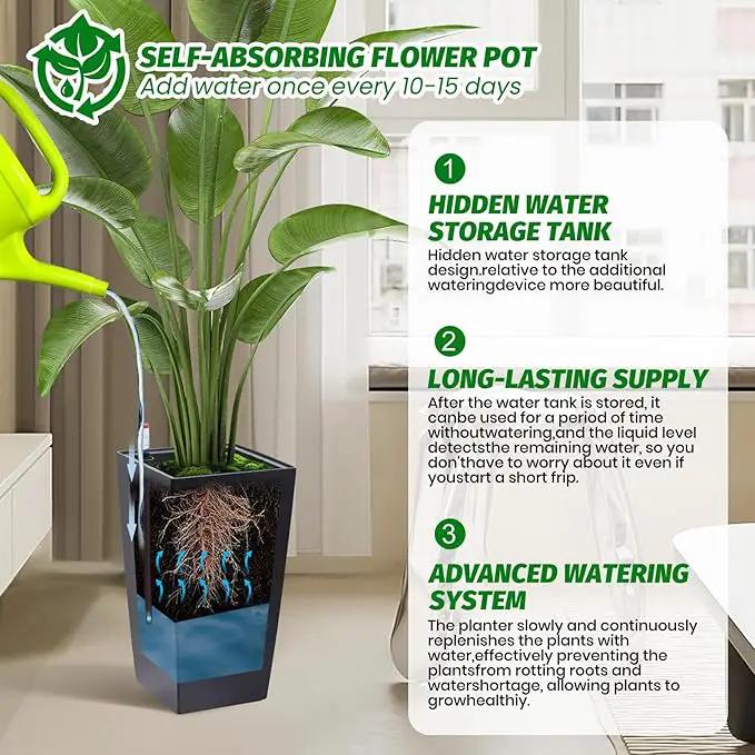 16" Tall Planters Set of 2, Outdoor＆Indoor Black Planter Pots, High Front Porch Planter Pots with Drainage Holes＆Water Level Monitor＆Inner Bucket, Automatic Watering,Black by GreenHaven Gardens