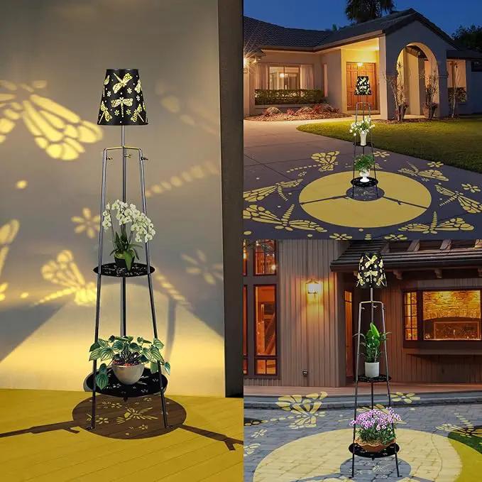 47.2'' Outdoor Metal Solar Floor Lamps with 2 Plant Stand Dragonfly Solar Lights Plant Stand Waterproof Solar Powered Outdoor Lantern Garden Decorative Light for Pathway Patio Porch Deck Yard by GreenHaven Gardens