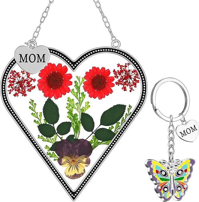 KY&BOSAM Heart Suncatcher Mom Gifts Glass Butterfly Suncatchers for Window Hanging with Pressed Flower Between Heart in Glass and Metal Charm Gifts for Mom Mother's Day Valentine's Birthday Christmas by GreenHaven Gardens