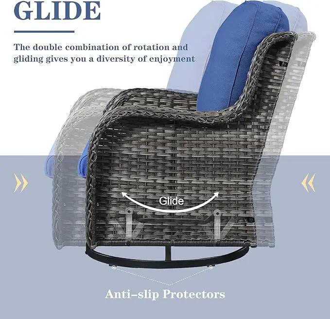 Outdoor Patio Furniture Set with Propane Fire Pit Table, 7 Pieces Wicker Patio Conversation Set with 2 Swivel Glider Rocker Chairs Rattan Sofa Blue Cushion Perfect for Casual Gathering Gray by GreenHaven Gardens