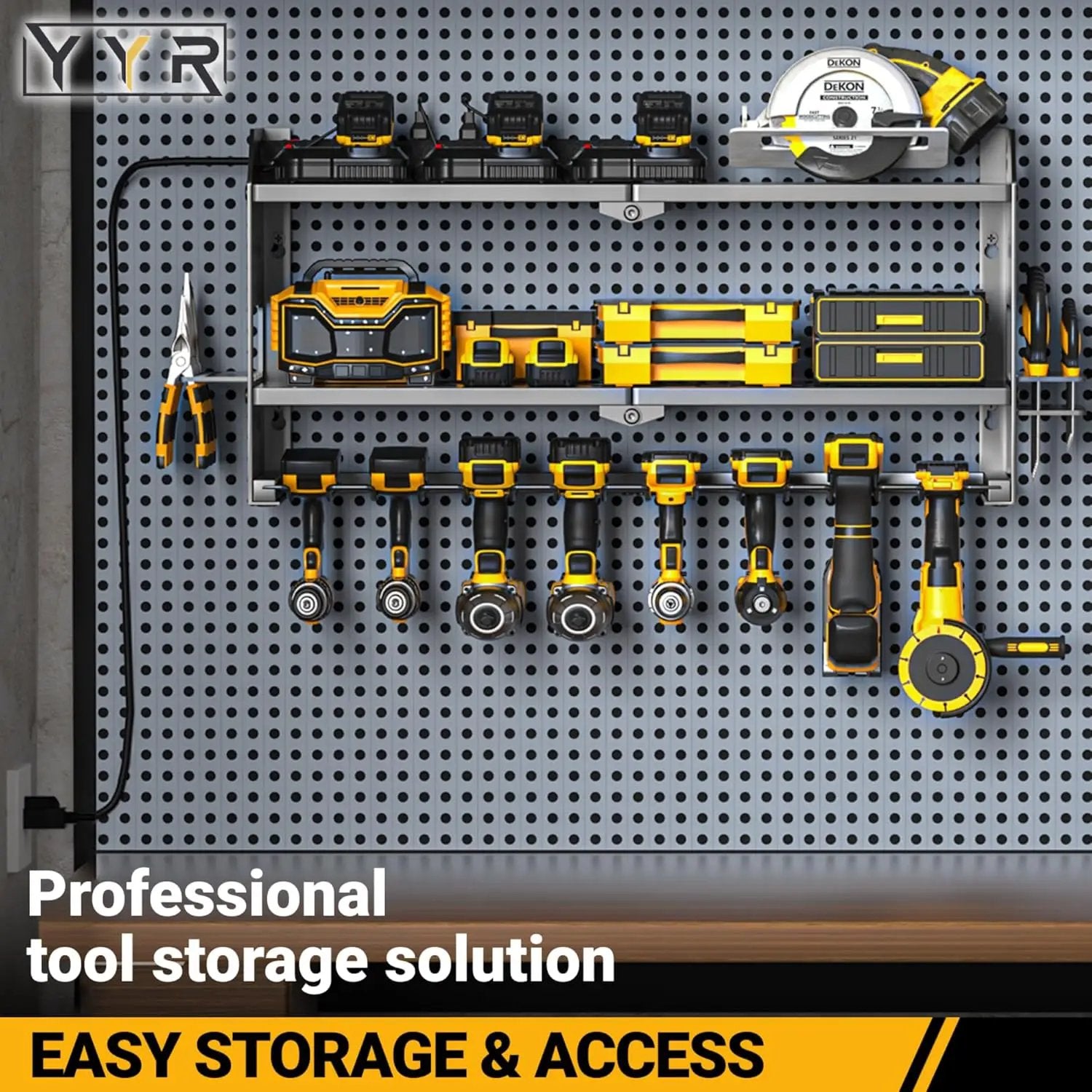 YYR Power Tool Organizer with Charging Station Wall Mount, Cordless Drill and Battery Holder for Garage Organization, Electric Tools Storage Rack Build in Surge Protection Power Strip - Black Shelf by GreenHaven Gardens