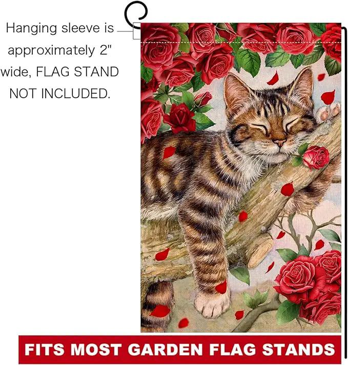 BLKWHT Valentines Cat Garden Flag 12x18 Vertical Double Sided Red Roses Spring Farmhouse Holiday Outside Decorations Burlap Yard Flag BW757 by GreenHaven Gardens