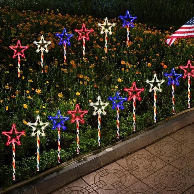 4th of July LED Big Star Pathway Lights Patriotic Lights Outdoor, for Memorial Day Independence Day Any Patriotic Decorations, 8 Mode Remote Control Solar Powered(2 Pack, 180 LED) by GreenHaven Gardens