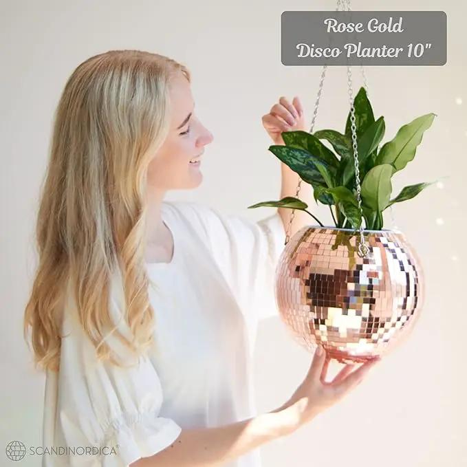 SCANDINORDICA Disco Ball Planter – Value Package: Mirror Disco Planter with Chain, Macrame Hanger and Acrylic Stand for Desk, Self Watering Insert, Plant Lover Gifts | 10 inch Rose Gold by GreenHaven Gardens