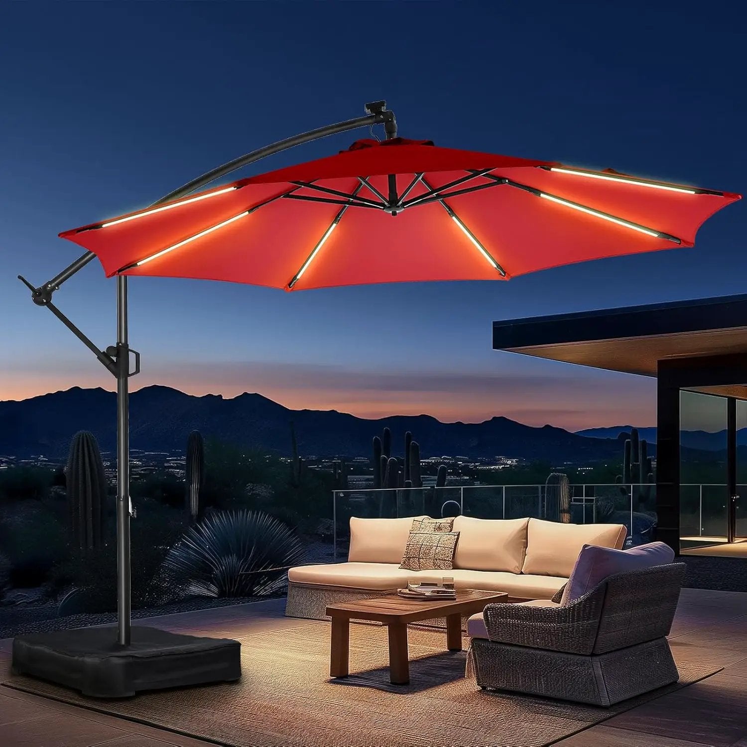 HOMSHADE 10ft Solar Lights Offset Cantilever Patio Umbrella with Light and Base, LED Lighted Offset Hanging Patio Outdoor Market Umbrella UPF50+ UV Protection with Easy Tilt and Crank, Red by GreenHaven Gardens