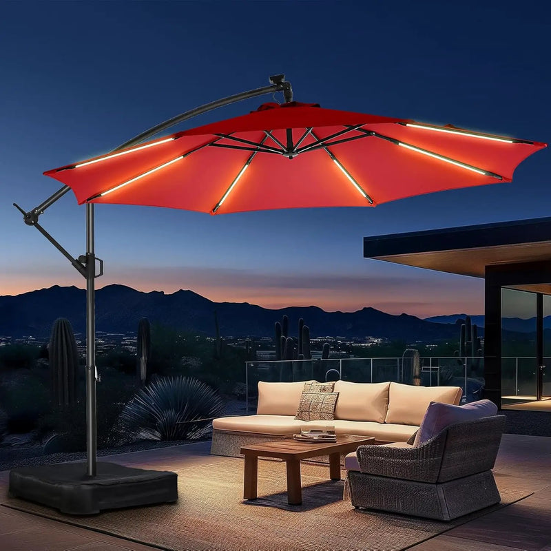 HOMSHADE 10ft Solar Lights Offset Cantilever Patio Umbrella with Light and Base, LED Lighted Offset Hanging Patio Outdoor Market Umbrella UPF50+ UV Protection with Easy Tilt and Crank, Red by GreenHaven Gardens