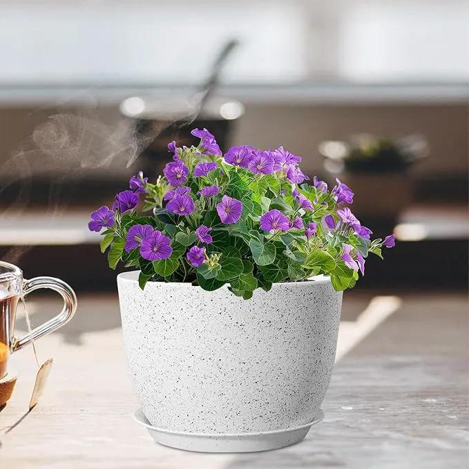 Plant Pots 12 inch, Plastic Planters with Drainage Holes and Saucers, Large Flower Pots for Indoor Outdoor Plants, Modern Decorative Pots for Garden House Plants, Speckled White by GreenHaven Gardens