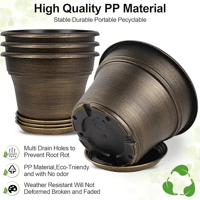 16 inch Plant Pots Outdoor Planters，4 Pack Large Plastic Flower Pot for Indoor Plants with Drainage Holes & Saucer, Resin Decorative Container Sets with Trays for House Outdoor Garden Plant Dark Gold by GreenHaven Gardens