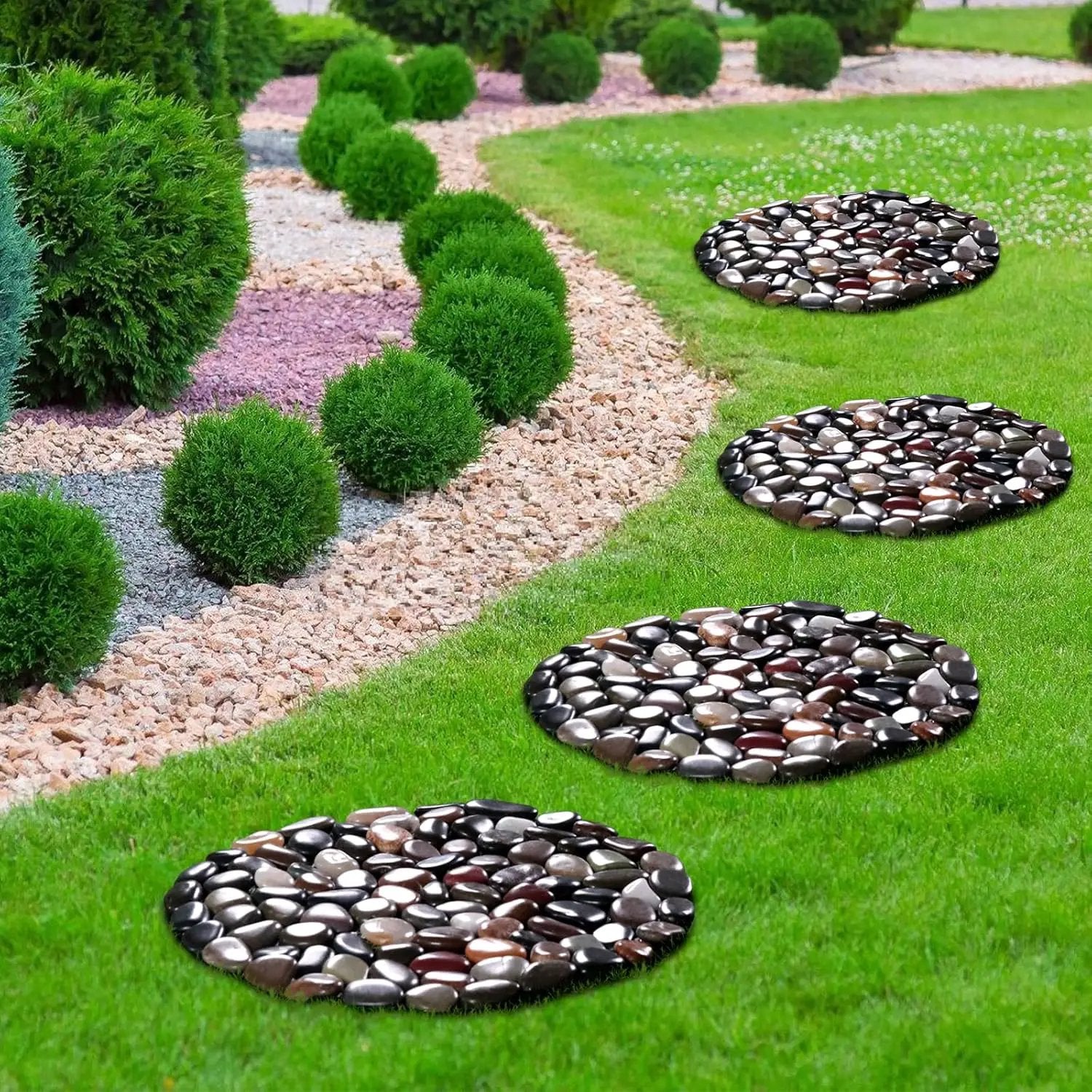 10in River Rock Stepping Stones Set - 6 Pack | Polished Pebble | Long-Lasting PVC Mesh Backing | Perfect for Garden Paths and Lawns Outdoor Landscaping Decoration | Mixed Circle by GreenHaven Gardens