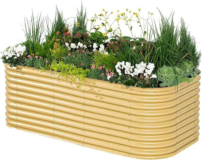 Vego garden 32" Extra Tall Raised Garden Bed Kits, 10 in 1 Modular Raised Planter Box for Vegetables Flowers Fruits Oval Metal Raised Garden Bed, Sunlit Oak by GreenHaven Gardens