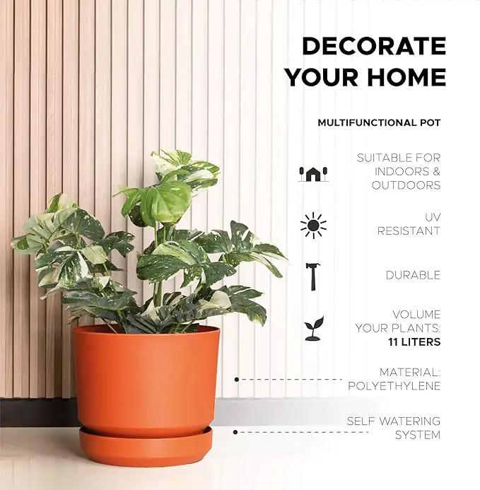 Elly Décor 12 inch Plastic Cylinder Planter Pot with Self-Watering Saucer and Drainage Hole,Lightweight & Extremely Durable, 12"x 12", Terracotta by GreenHaven Gardens