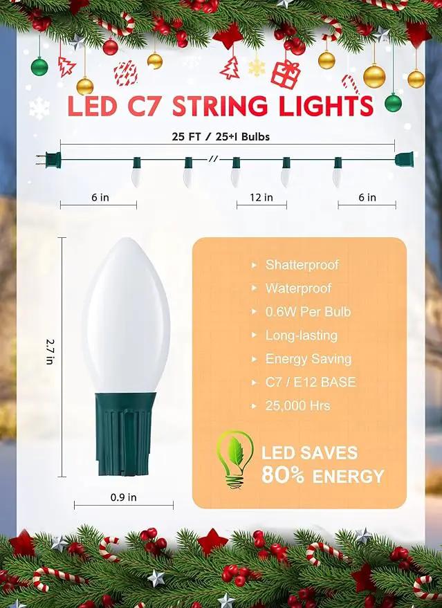 C7 Pure White LED Christmas Lights, 50Ft Vintage String Lights with 50+2 Plastic Bulbs, E12 Candelabra Base, Outdoor Retro Style Hanging Lights for X-mas Patio Fence Roofline Holiday by GreenHaven Gardens