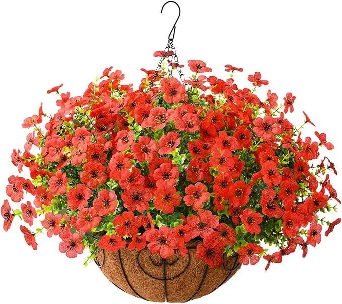 Artificial Faux Hanging Plants Flowers Basket Outdoor Porch Garden Spring Decoration, Fake Silk Daisy in Planter Realistic UV Resistant for Outside Home Patio Balcony Yard(Red) by GreenHaven Gardens