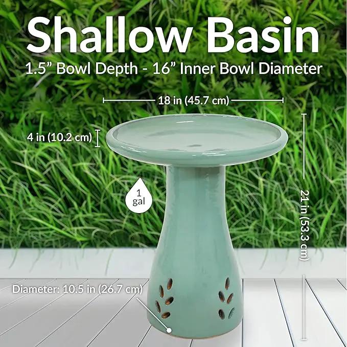 Sunnydaze 21" H Ceramic Bird Bath for Outside - Hand-Painted Outdoor Bird Bath Bowl, UV/Frost-Resistant Finish - Seafoam - Cut Out Pedestal by GreenHaven Gardens