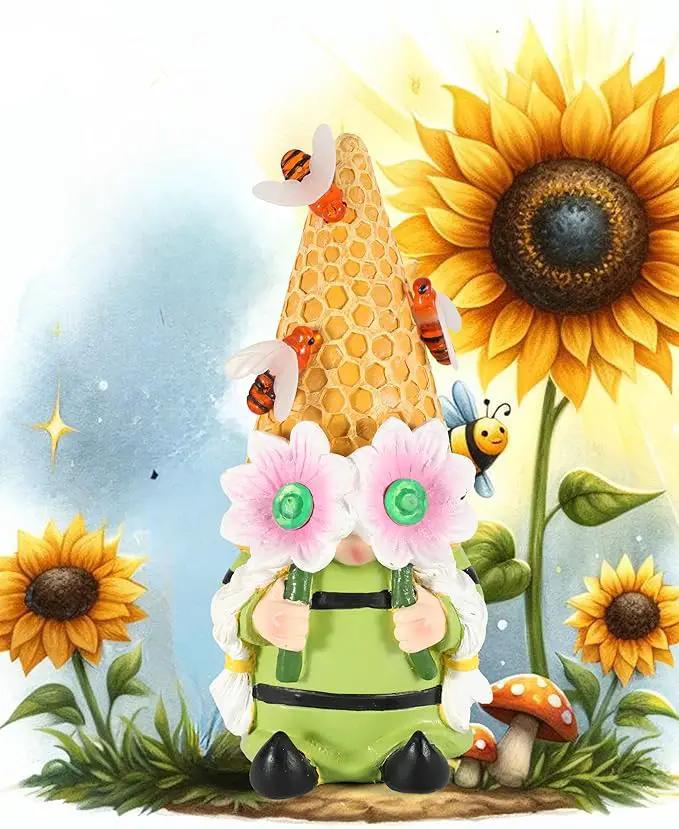 iStatue Solar Garden Gnome Figurine Light with Bees Sunflower, 9.5'' Resin Outdoor Statue for Yard Patio Decor Lawn Ornaments Porch Garden Gifts for Women/Girl (Ms Bee Gnome) by GreenHaven Gardens