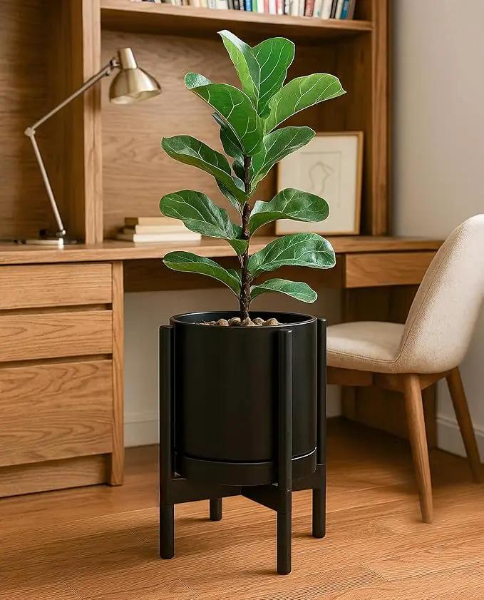 D'vine Dev Ceramic Planter with Ebony Stand - 10 Inch Modern Round Flower Pot with Wood Planter Holder, Black, 55-B-L-2 by GreenHaven Gardens