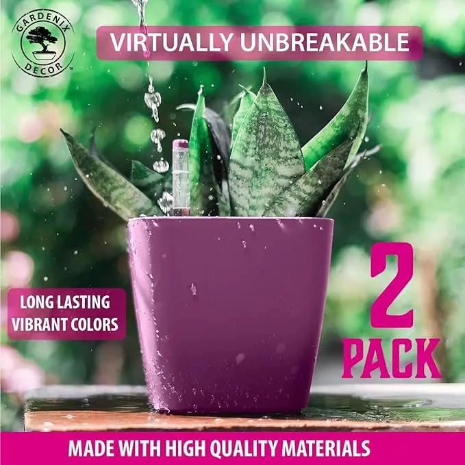 5" Self Watering pots for Indoor Plants - Flower Pot with Water Level Indicator for Plants, Grow Tracking Tool - Self Watering Planter Plant Pot – 2 Pack Purple by GreenHaven Gardens