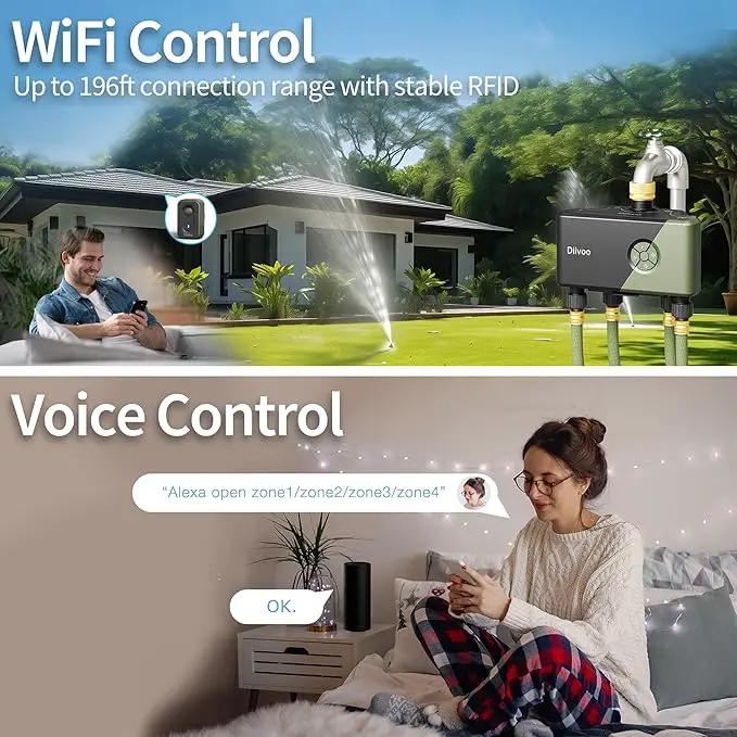 Diivoo WiFi Water Timer 4 Outlets with Brass Inlet, Smart Sprinkler/Hose/Tap Timer Compatible with Alexa & 24 Irrigation Plans & Rain Delay, Garden Watering Systems Controller with 2 Watering Modes by GreenHaven Gardens