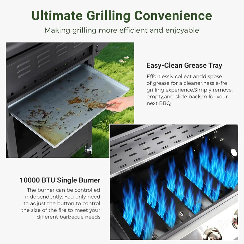 4-Burner Propane Gas BBQ Grill with Wheels, 40,000 BTU Output Stainless Steel Barbecue Grill for Backyard & Outdoor Cooking Easy Assembly, Foldable Side Tables & Spice Rack (Dark Black) by GreenHaven Gardens